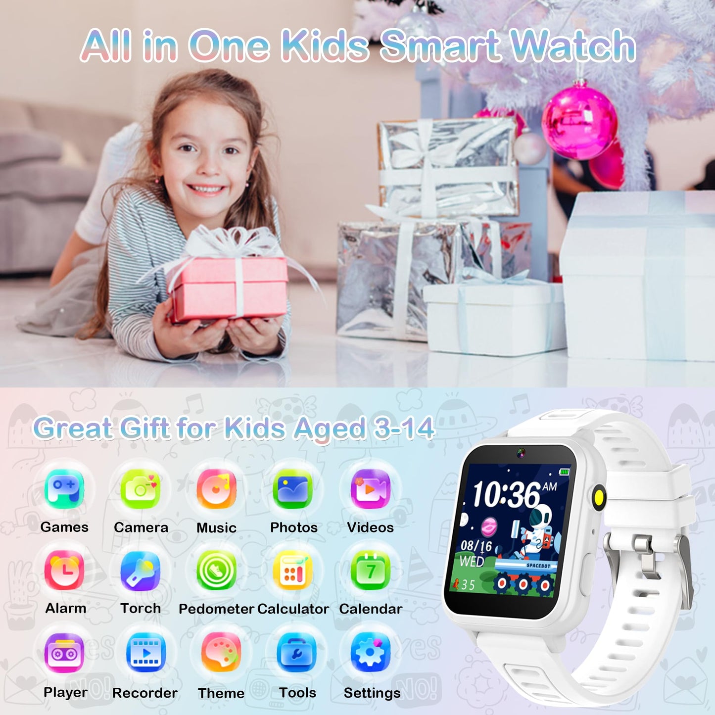 Aiwiep Kids Smart Watch For Kids With 24 Games Kids Watches Touch Screen Music Player Camera Alarm Clock Calculator Flashlight S