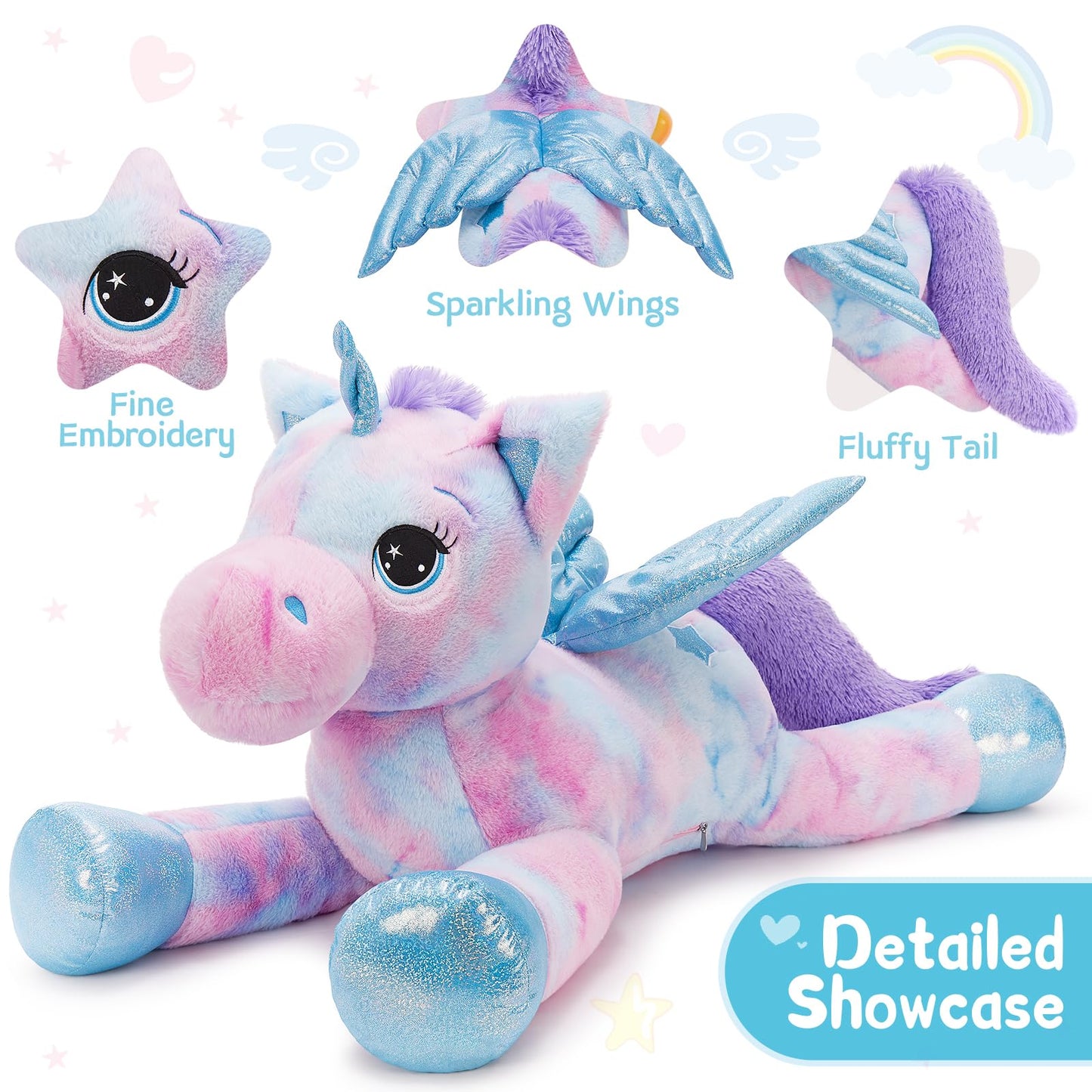 Tezituor 43 Inch Rainbow Purple Unicorn Stuffed Animal with Wings  Giant Stuffed Unicorn Plush Toys for Girls Kids Boys Women Soft Plushie Gifts for Valentines Day Christmas  Birthday Party