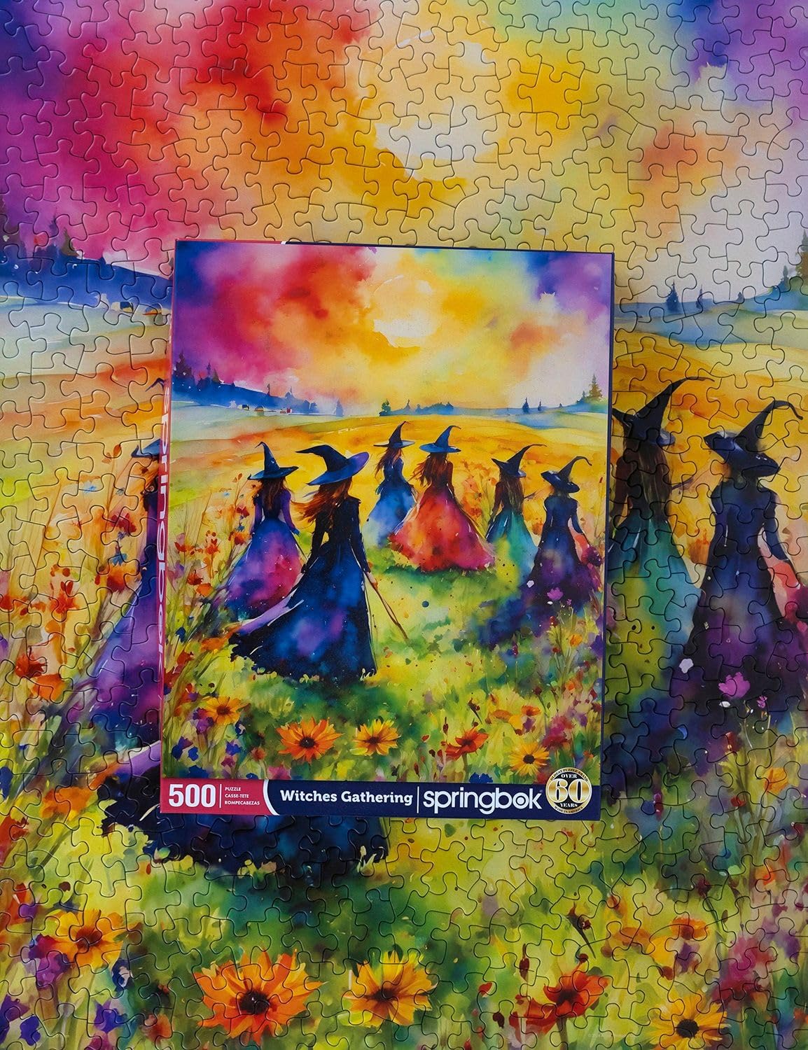 Springbok 500 Piece Puzzle - Watercolor Witches Gathering in Blossoming Field, Cardboard Construction, Model 091683017140