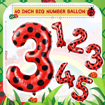 Lunmon Ladybug 40Inch Number 3 Balloon, Polyester, Black Red Polka Dots, Birthday, Baby Shower Decorations, Children, Unisex