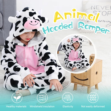 MICHLEY Animal Hooded Romper Kids Flannel Halloween Cosplay Pajamas Costume 3-12T for Autumn Winter, Cow, 9-10T, Size130