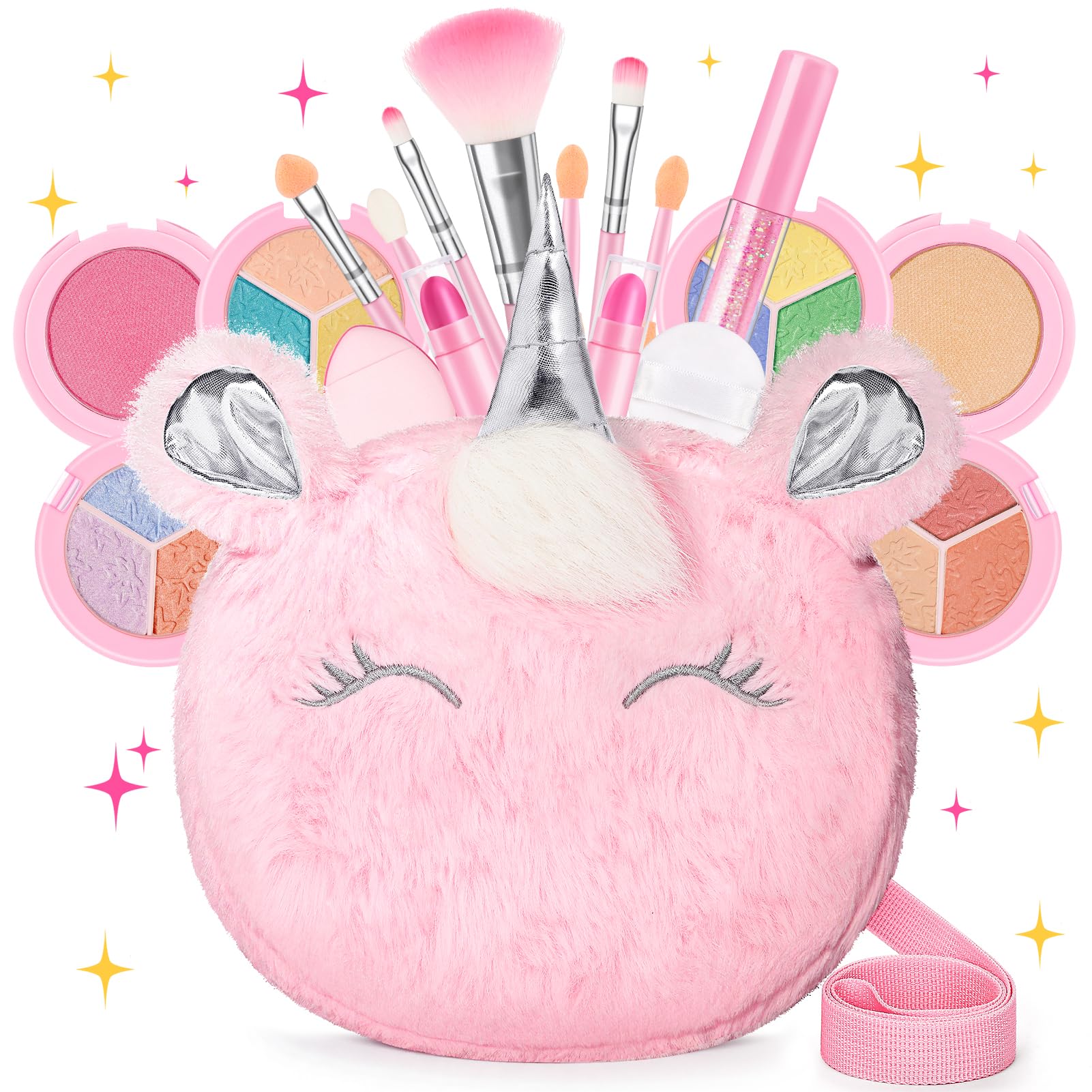 Kids Real Makeup Kit for Girls 3-10 Years Old : Washable Non Toxic Make Up Toys Sets for Toddler - 17Pcs Vanity Set with Unicorn