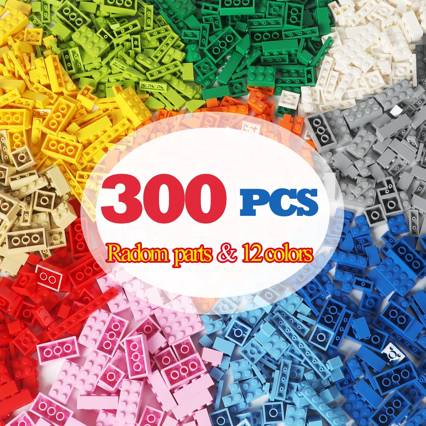 Ekuzi Building Bricks Compatible With Lego Classic - 300 Pieces Basic Bulk Building Blocks In Random Color - Mixed Shape