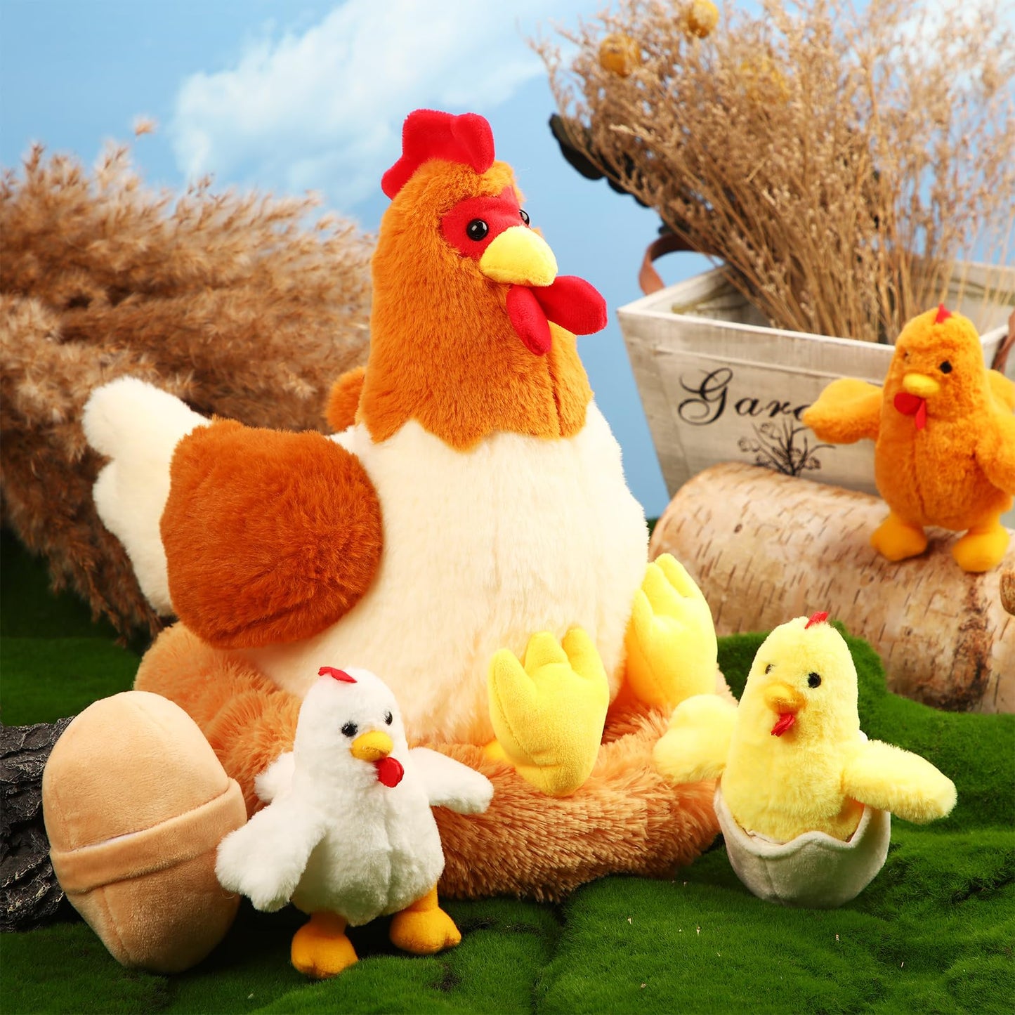 Skylety Chicken Stuffed Animal Plush Chicken Toys Egg Laying Hen With Zippered Belly, Hen House And Little Baby Chicks Stuffed Chicken For Easter Stuffers Party Supplies(Cute Style)