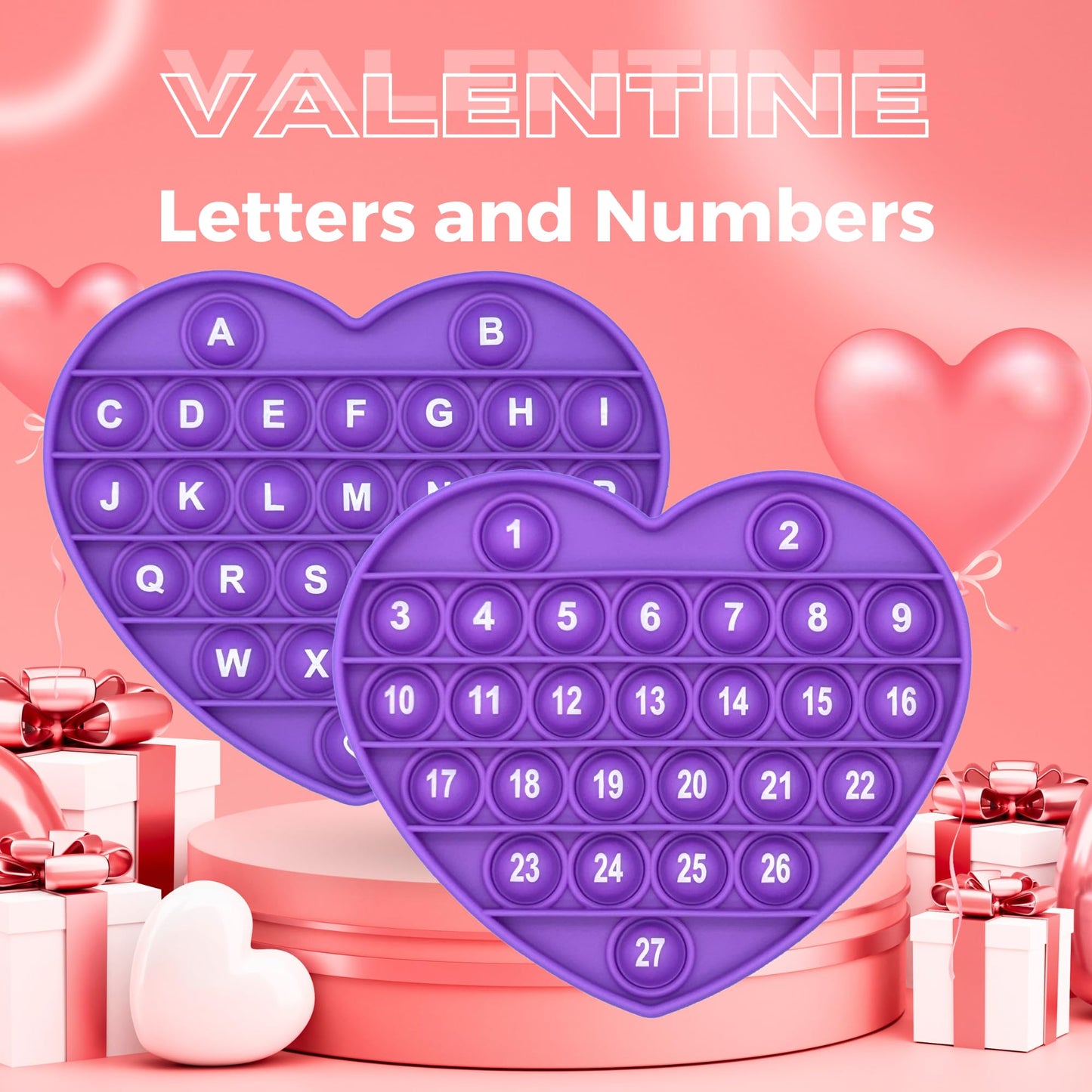 Petbsnvb Purple Heart Shaped Pop Bubble Valentines Fidget Toy With Letters And Numbers, Xmas Gift Sensory Toy With Alphabets Kids Birthday Party Classroom Prize Stress Reliever