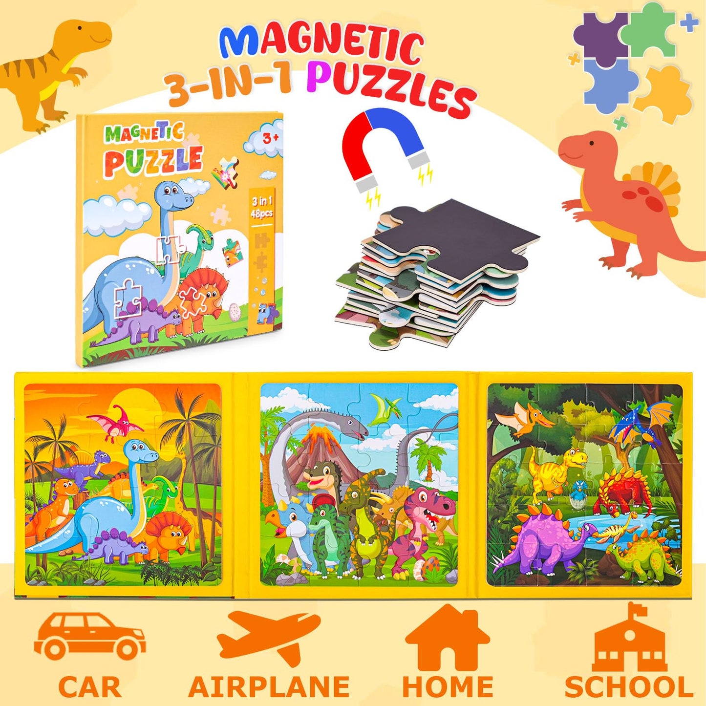 Lovestown Magnetic Puzzles For Toddlers, 48Pcs Dinosaur Travel Puzzle Book, 3 In 1 Educational Learning Magnets For Kids, Ideal Road Trip Activities Toys For Boys And Girls