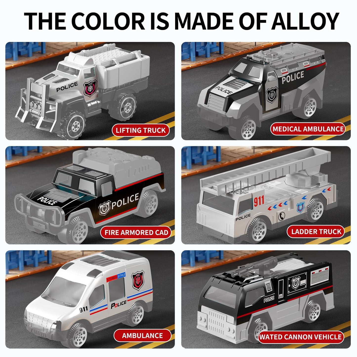 NIPLOOOW Police Trucks Toy Set with Play Mat, Carrier Truck Play Vehicles Set for 3 4 5 6 Years Old Boys Kids, Die-Cast Car Toy