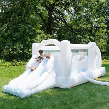 Bounceland Obstacle Dream Bouncer Combo Slides,18.5 Ft X 8.5 Ft X 6 Ft H, Air Blower Included With Gfci, Dual Slides, Obstacle Course, Trendy Neutral Color, Indoor And Outdoor Play For Kids