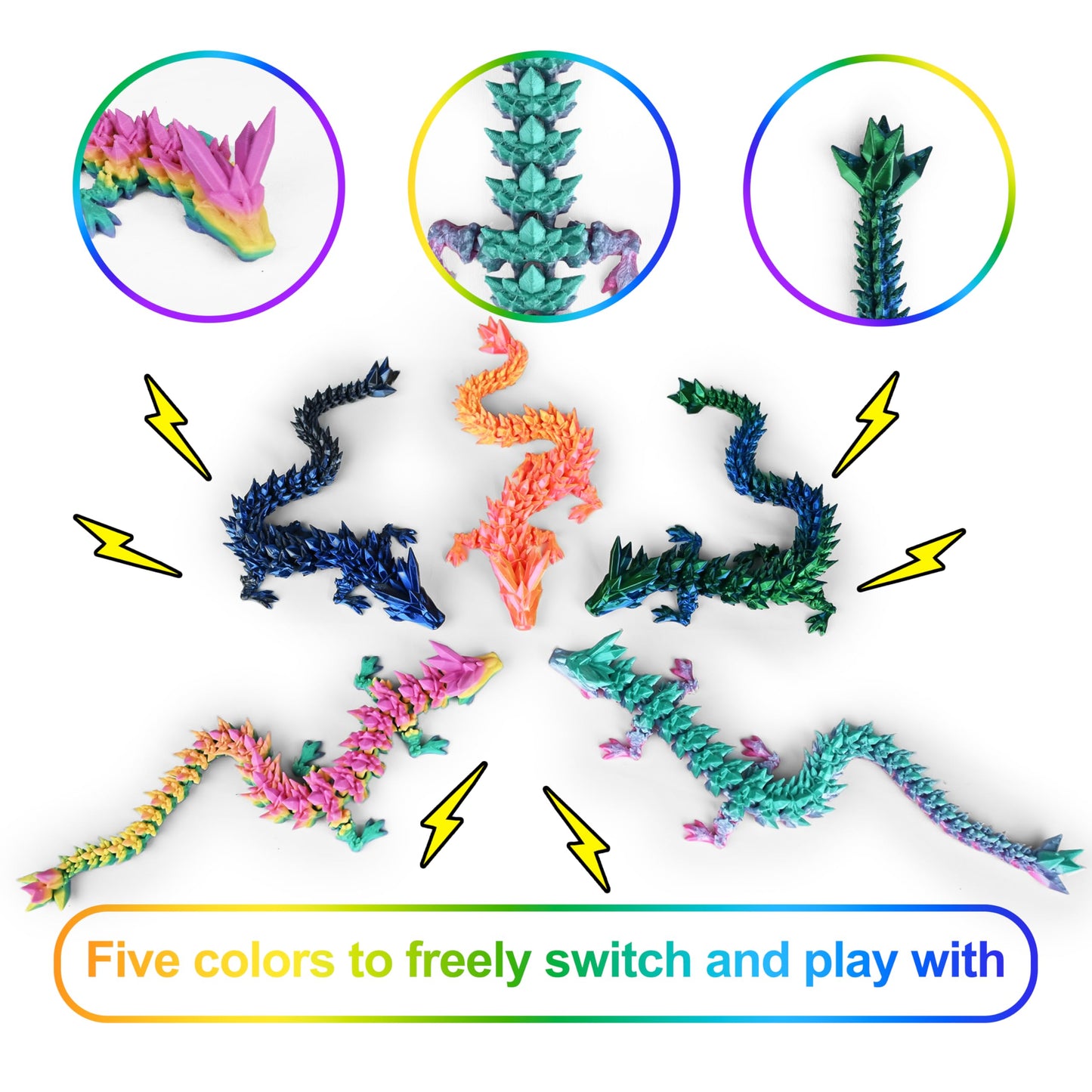 5PCS 12 3D Printed Dragon Set Articulated Crystal Dragons Dragon Desk Toys  3D Printed Animals Cool Unique Birthday Gifts for Teen mature-themed Novelty Christmas Stocking Stuffers Gadget for Men Boy