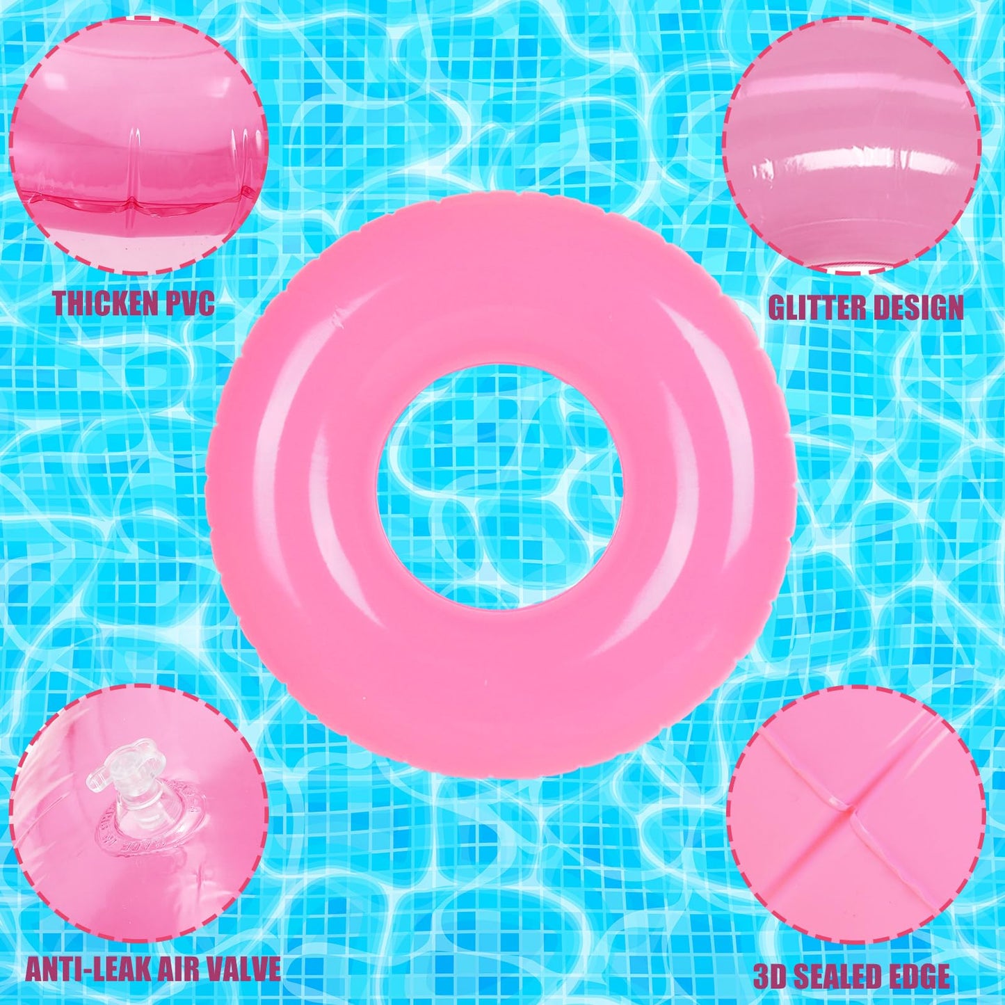 Whaline 4Pcs Pink Inflatable Pool Float Toy Swim Tube Ring Pool Tube for Teen Boy Girl Outdoor Summer Swimming Pool Beach Party Favor Supplies