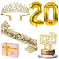 20th Birthday Decorations for Women Gold Set with 20th Birthday Tiara and Sash, 20th Birthday Cake Topper and Number 20 Candles,