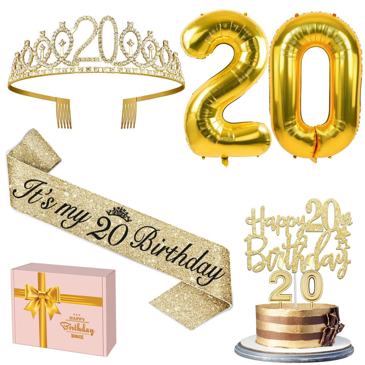 20th Birthday Decorations for Women Gold Set with 20th Birthday Tiara and Sash, 20th Birthday Cake Topper and Number 20 Candles,