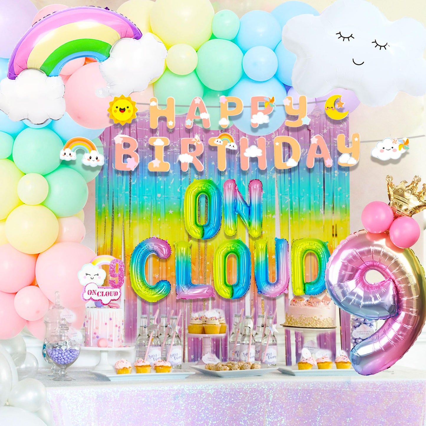 Laventy 57 Pcs Rainbow On Cloud 9 Balloons On Cloud 9 Birthday Decoration On Cloud 9 Cake Topper Nine Years Old Birthday Balloon On Cloud 9 Party Supplies Cloud Balloon