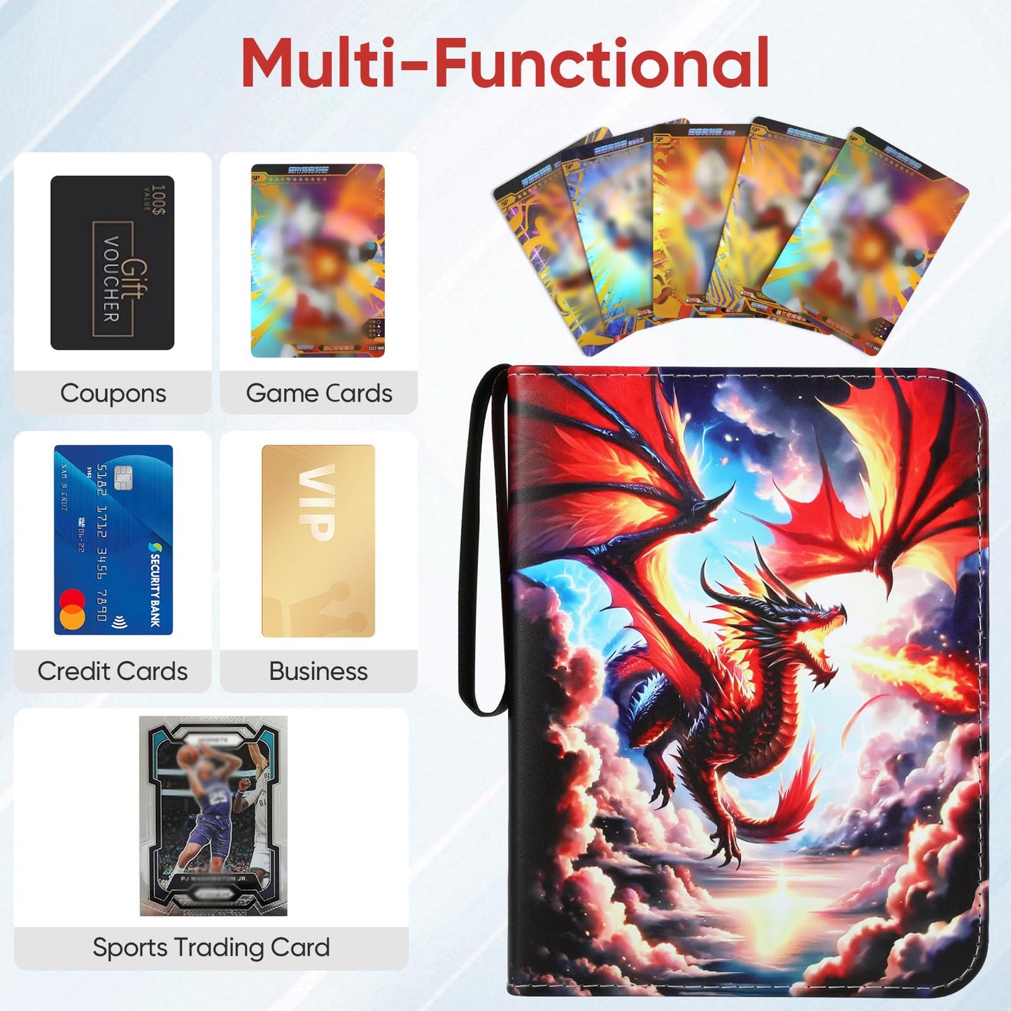 Deluxe Fire Dragon Trading Card Binder - 4-Pocket Zipper Album with 400 Pockets & 50 Removable Sleeves  enhanced Holder for Game/Sports Cards  Ideal for Collectors  Boys & Girls