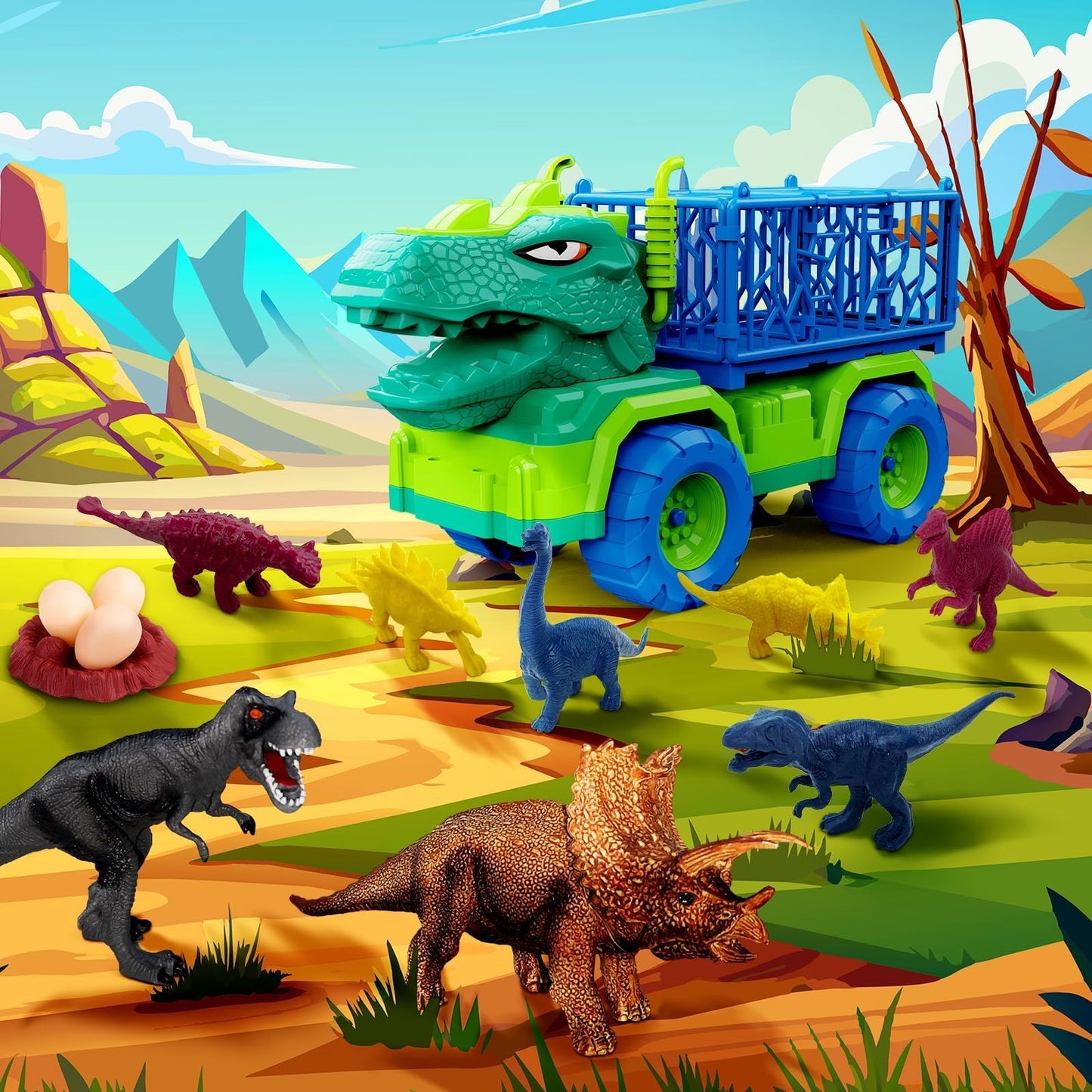 MindPal 19 in 1 Dinosaur Toys for Kids 3-5 5-7, Dinosaur Truck Set for Toddlers with 3 Pull Back Cars, 8 Dino Figures, Christmas
