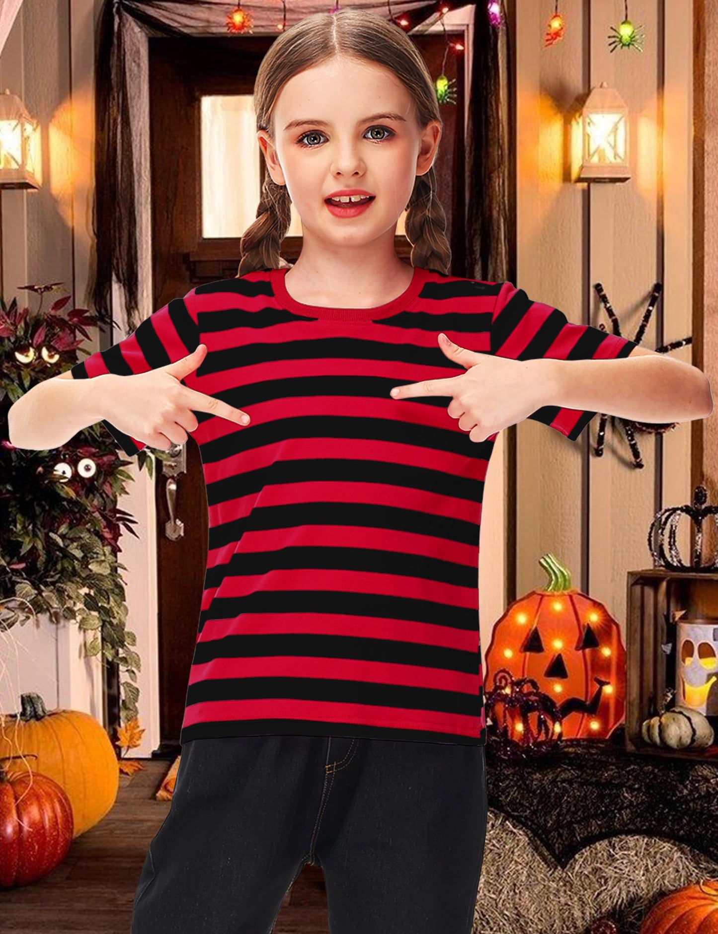 Halloween Black Red Striped Linus Costume Shirt Kids Freddy Krueger Short Sleeve Summer Casual Tee 11-12 Years