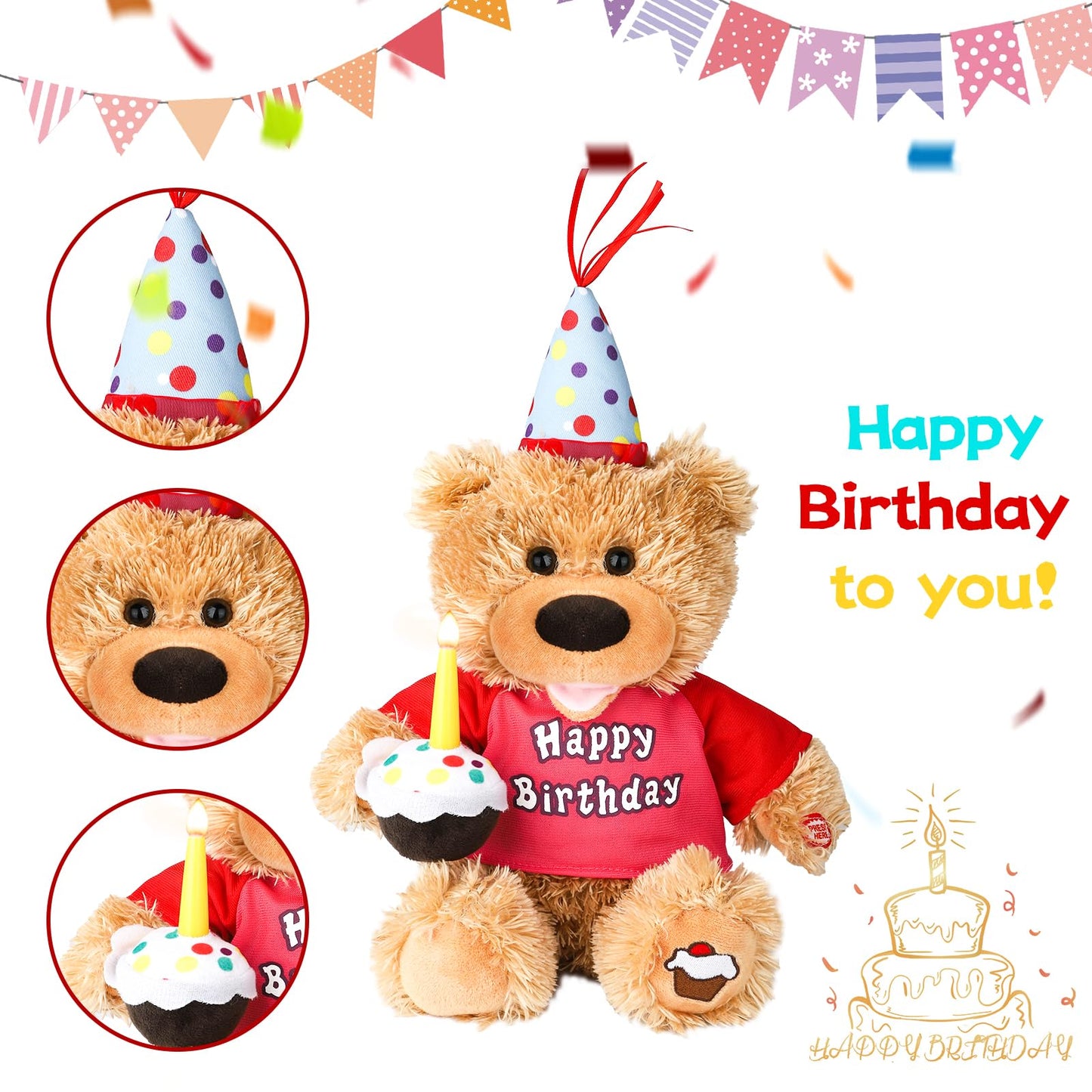 Humor Ted Birthday Gifts Baby Toys Teddy Bear Stuffed Animals Dancing Singing Musical Plush Electric Toy With Cupcake Light Up L