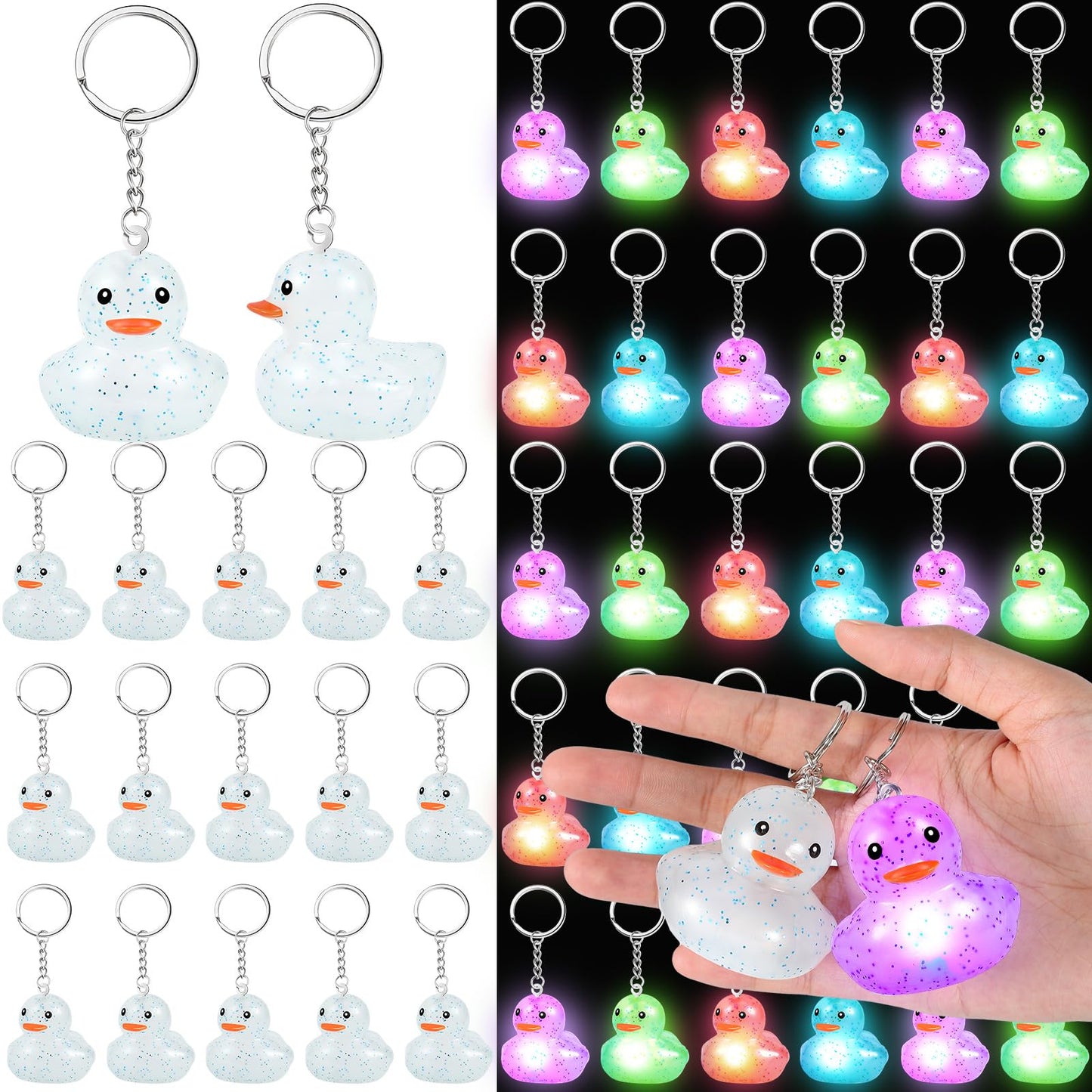 Deekin 100 Pcs LED Light up christmas Rubber Duck Keychain Cute Duck Keychains Bulk Mini Duck Party Favors 3D Duck Chains Small 