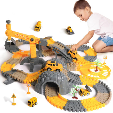 TUMAMA 249pcs Construction Race Track Vehicle Toys for Boys and Girls, STEM Building Set, Safe & Durable Plastic, Yellow