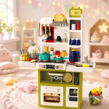 Vikrida 63pcs Pretend Play Kitchen Set, Kitchen Toys with Realistic Sound & Light, Cooking Stove, Sink, Play Food and Kitchen Ac