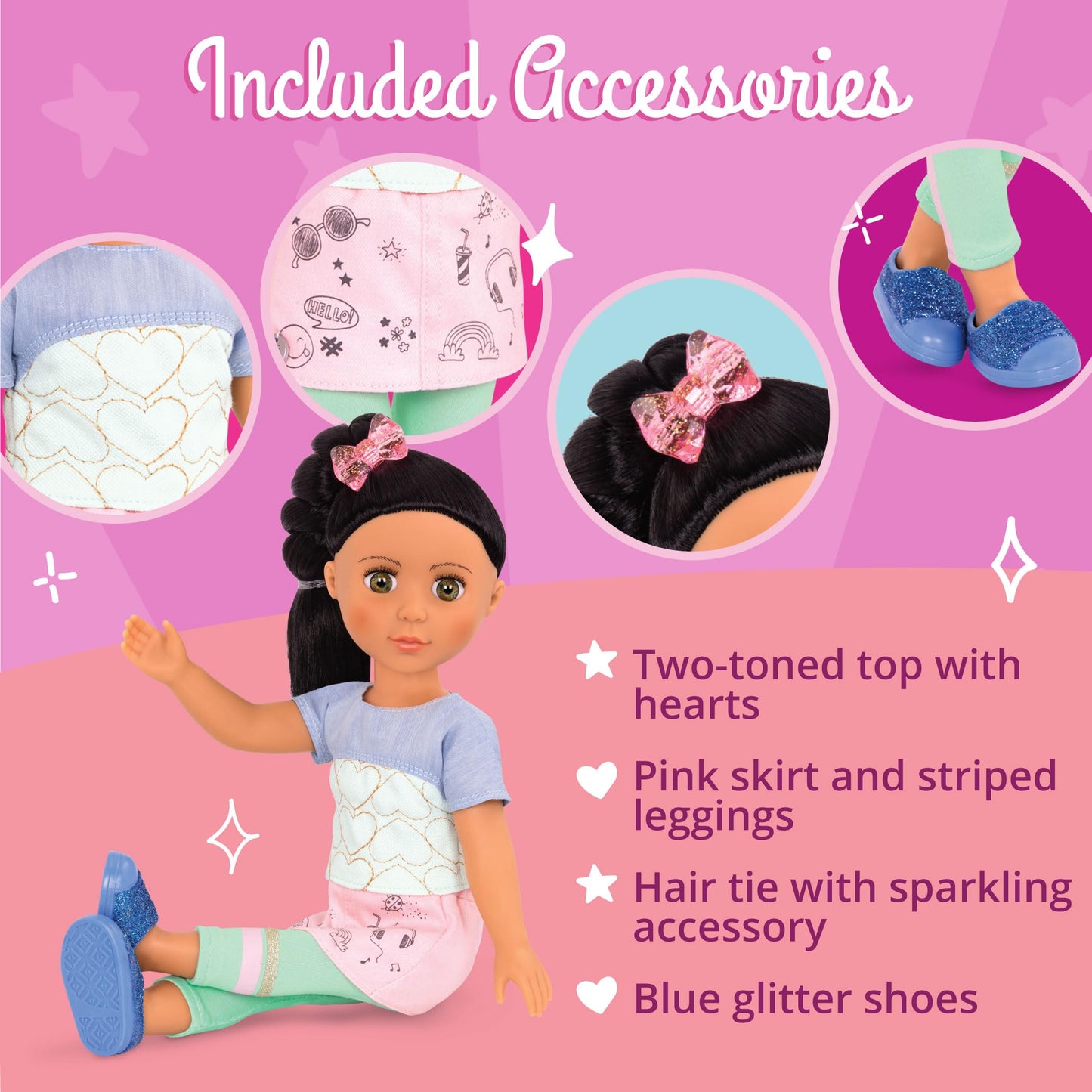Glitter Girls – Soo Ji 14-Inch Poseable Fashion Doll – Black Hair & Hazel Eyes —Hearts Outfit With Blue Glitter Shoes – Toys, Clothes, And Accessories For Kids Ages 3+