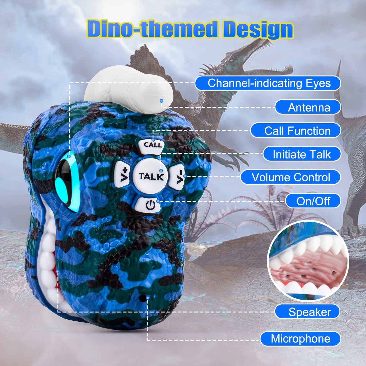Azyfei Dinosaur Walkie Talkies For Kids - 2 Way Radios Toys For Boys & Girls Ages 3-12 - Long Range, 3 Channels - Outdoor Advent
