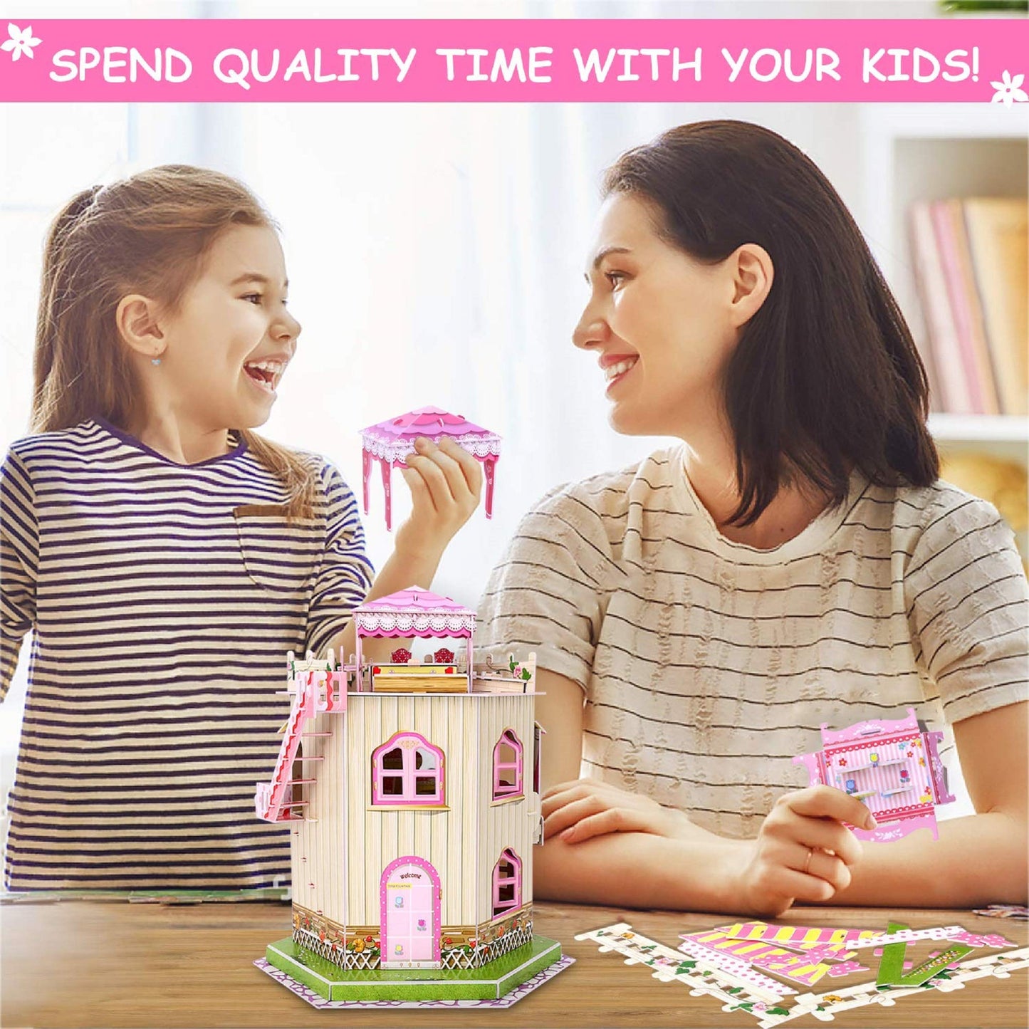 Rooftop Romance 3D Puzzle Dollhouse For Girls - Easy To Assemble 3-D Miniature Doll House Building Kit With Led Light For Kids -