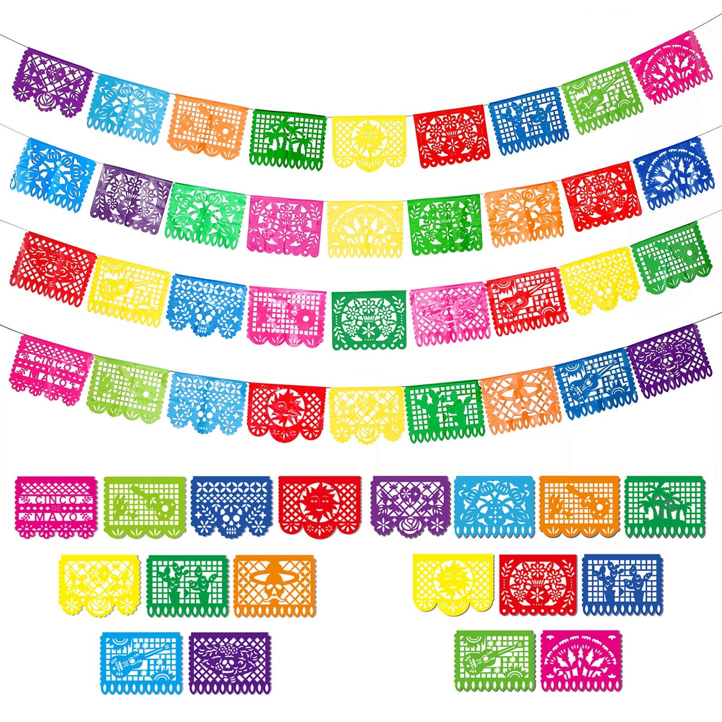 4 Packs Mexican Party Banner 60 Feet Fiesta Plastic Papel Picado Banner Cinco de Mayo Dia De Los Muertos Decor Day of The Dead D