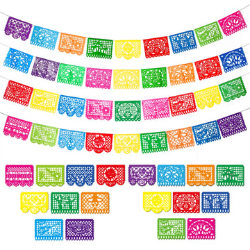4 Packs Mexican Party Banner 60 Feet Fiesta Plastic Papel Picado Banner Cinco de Mayo Dia De Los Muertos Decor Day of The Dead D