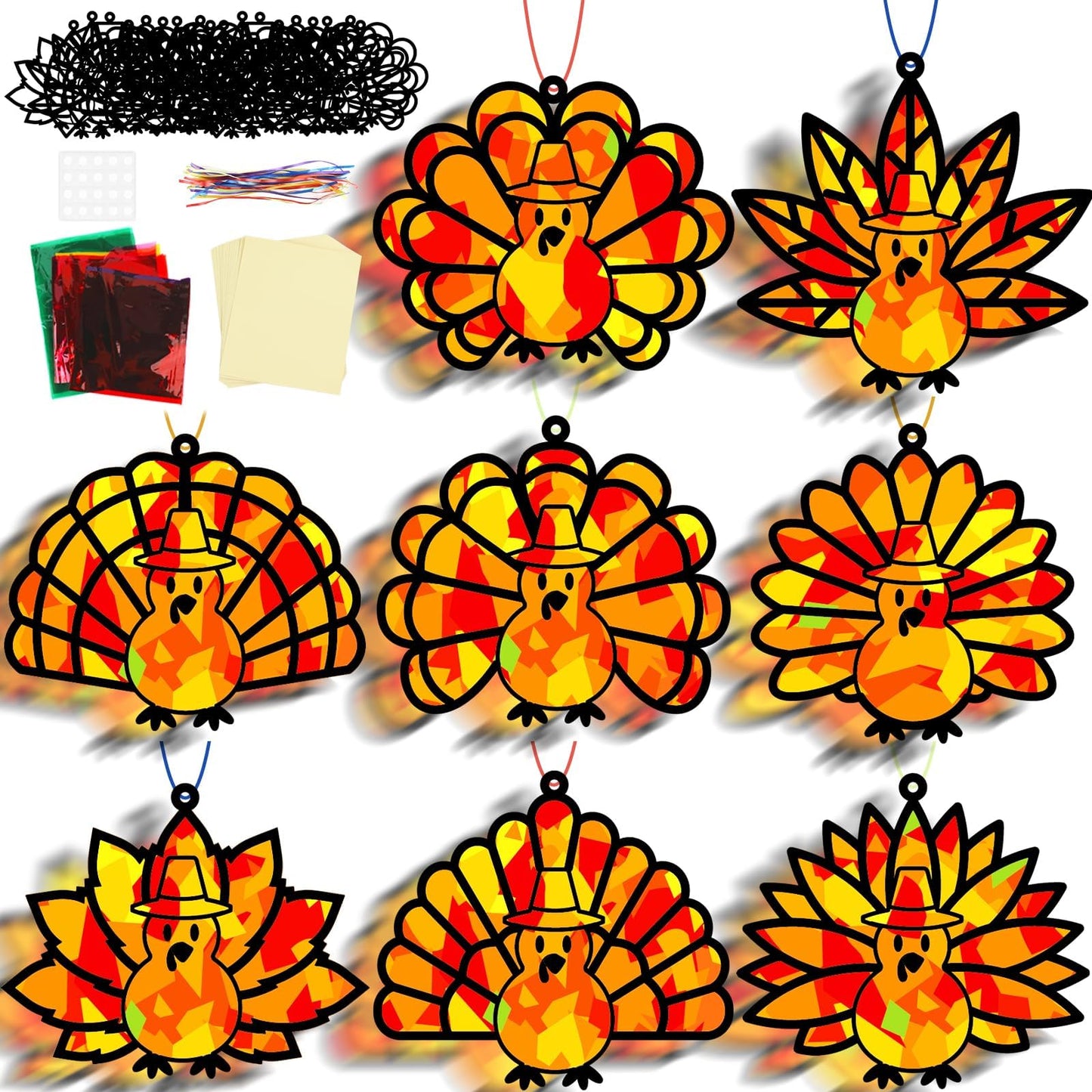 30 Sets Fall Thanksgiving Suncatchers Craft Kit DIY Turkey Window Stained Glass Effect Paper Thankful Autumn Home School Classro