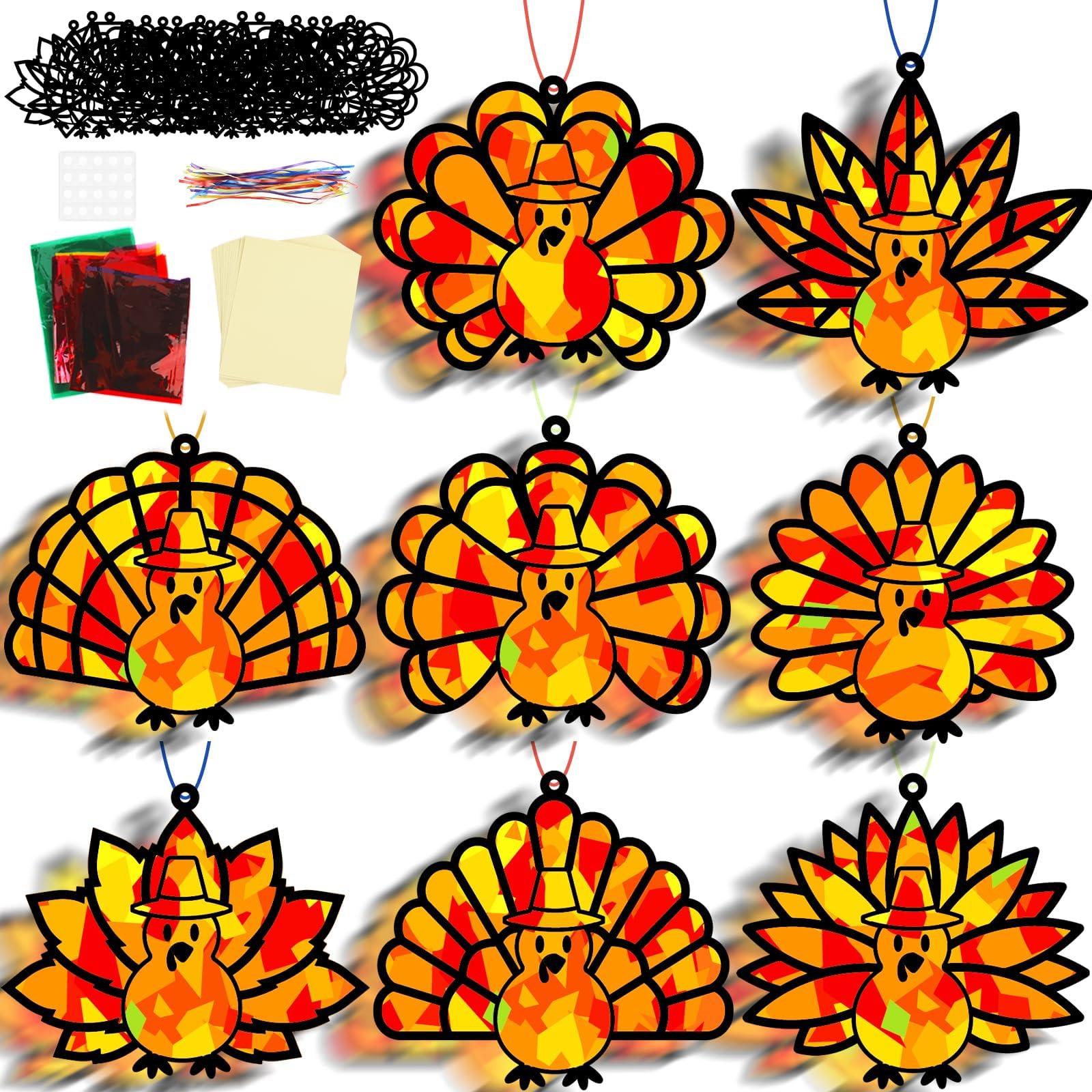 30 Sets Fall Thanksgiving Suncatchers Craft Kit DIY Turkey Window Stained Glass Effect Paper Thankful Autumn Home School Classro