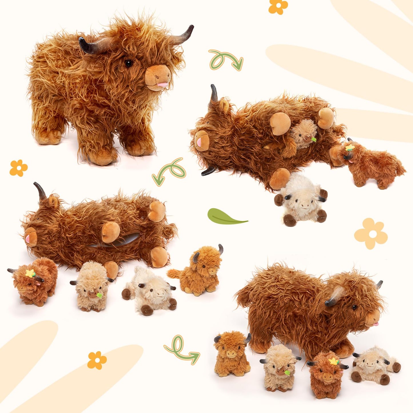 Ouozzz Highland Cow Stuffed Animal – Large Realistic Fluffy Cowplush Toy With 4 Baby Calves – Special Furry Material – Travel-Friendly & Portable Gift For Baby Girls, Boys, Toddlers & Kids 14.5'