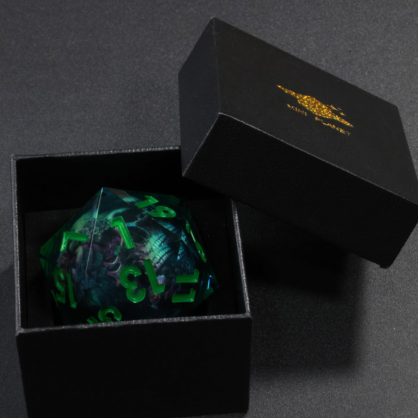 Mini Planet Chonk 50mm D20 DND Liquid Core Polyhedral TTRPG Handmade Dice with Gift Box Aqua E17 LED Flower Skull