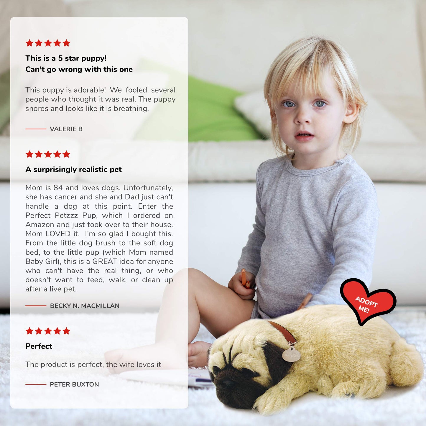 Original Petzzz Huggable Pug Puppy, Dog Toys For Kids And Elderly, Realistic Dog Stuffed Animals, Battery-Operated Stuffed Dog, Companion Interactive Pets With Synthetic Fur - Perfect Petzzz