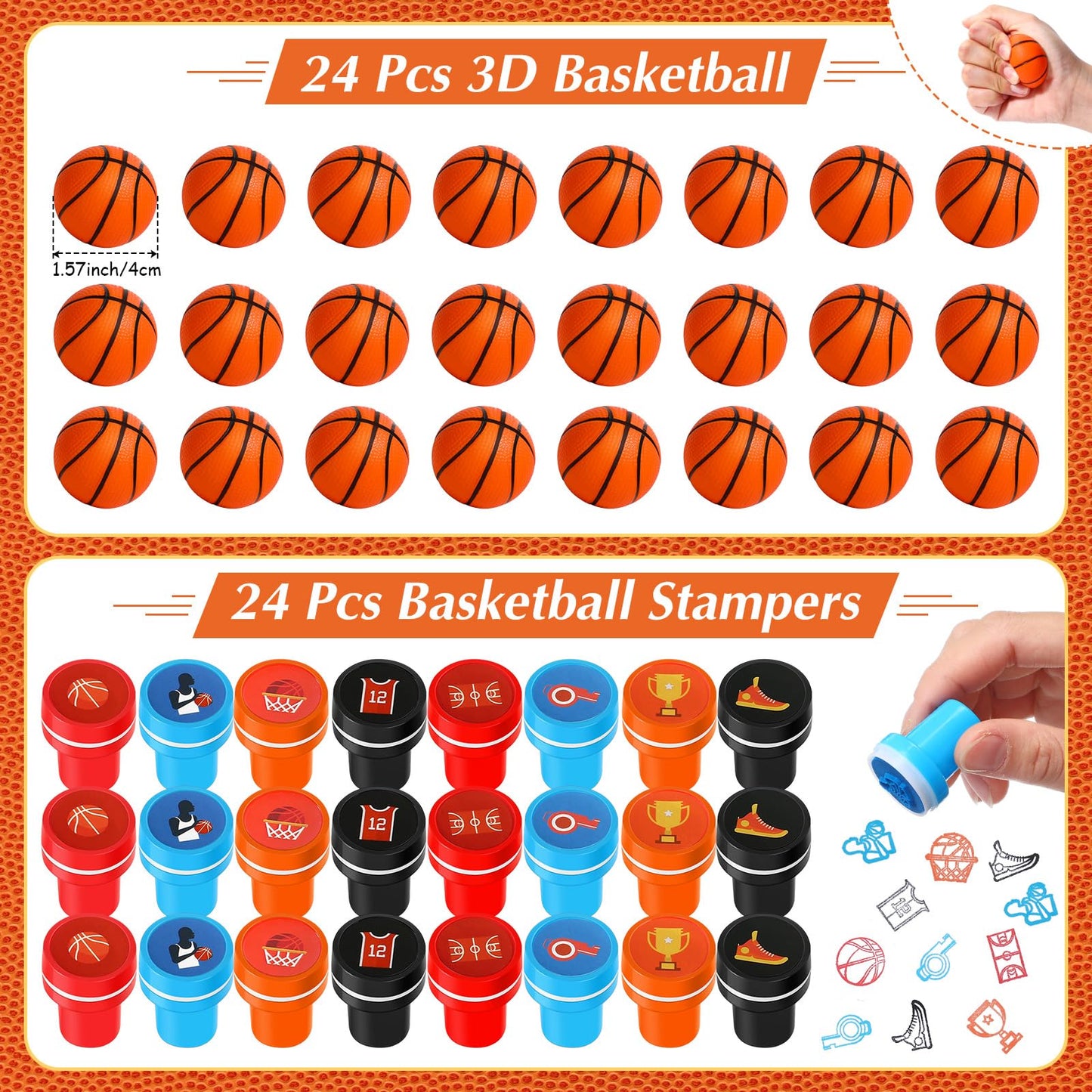 Aoriher 120 Pcs Basketball Sports Party Favors Set Serve 24, Basketball Goodie Bulk Foam Finger Mini Stress Ball Slap Bracelet C