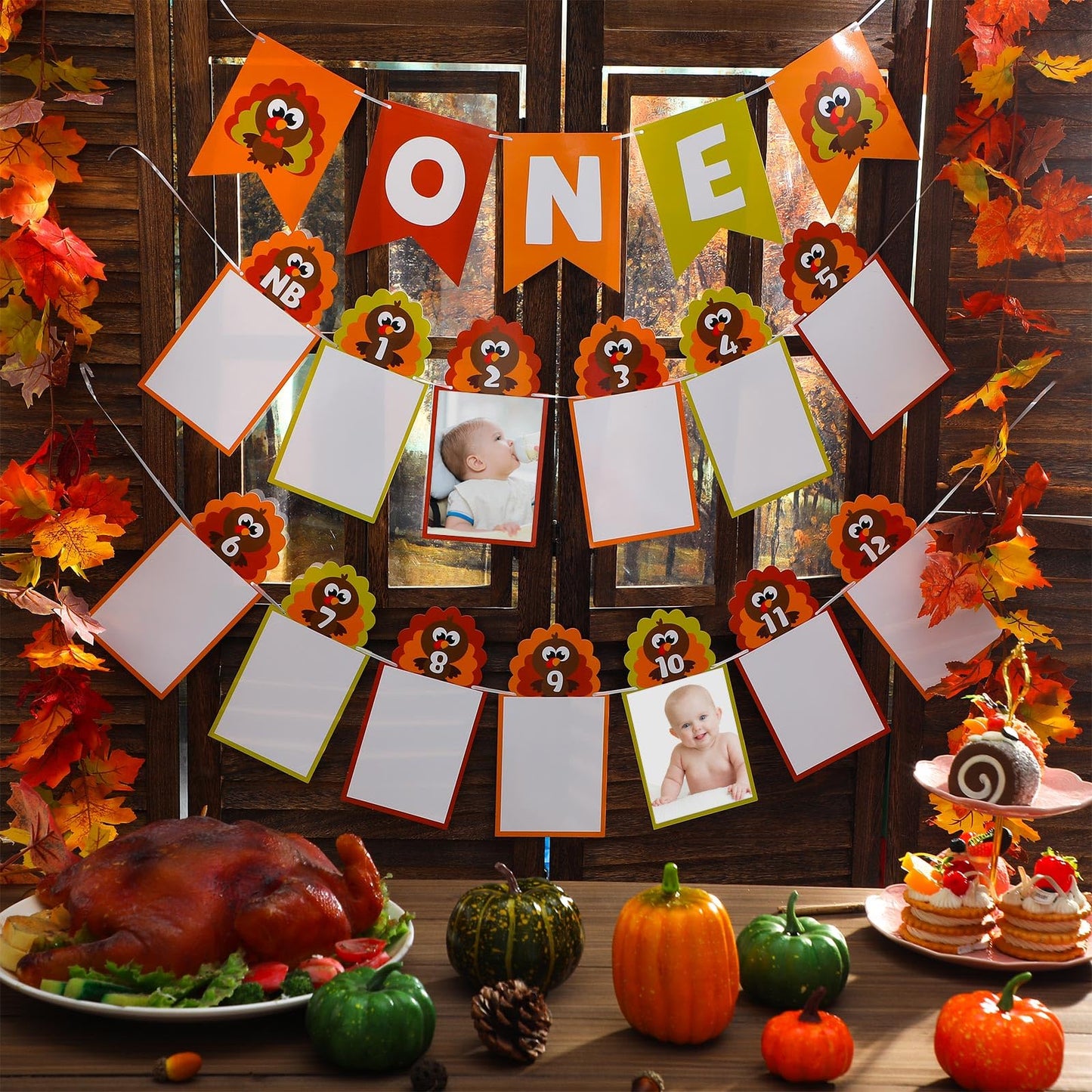 TaoBary Thanksgiving Turkey One Banner Turkey Theme Photo Banner 1st Birthday Monthly Newborn to 12 Month Photo for Thanksgiving