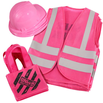 Satinior 24 Pcs Construction Dress Up Supplies Kids Costume Including Tote Bag Vest Construction Hat For Kids Age 3-8(Pink)