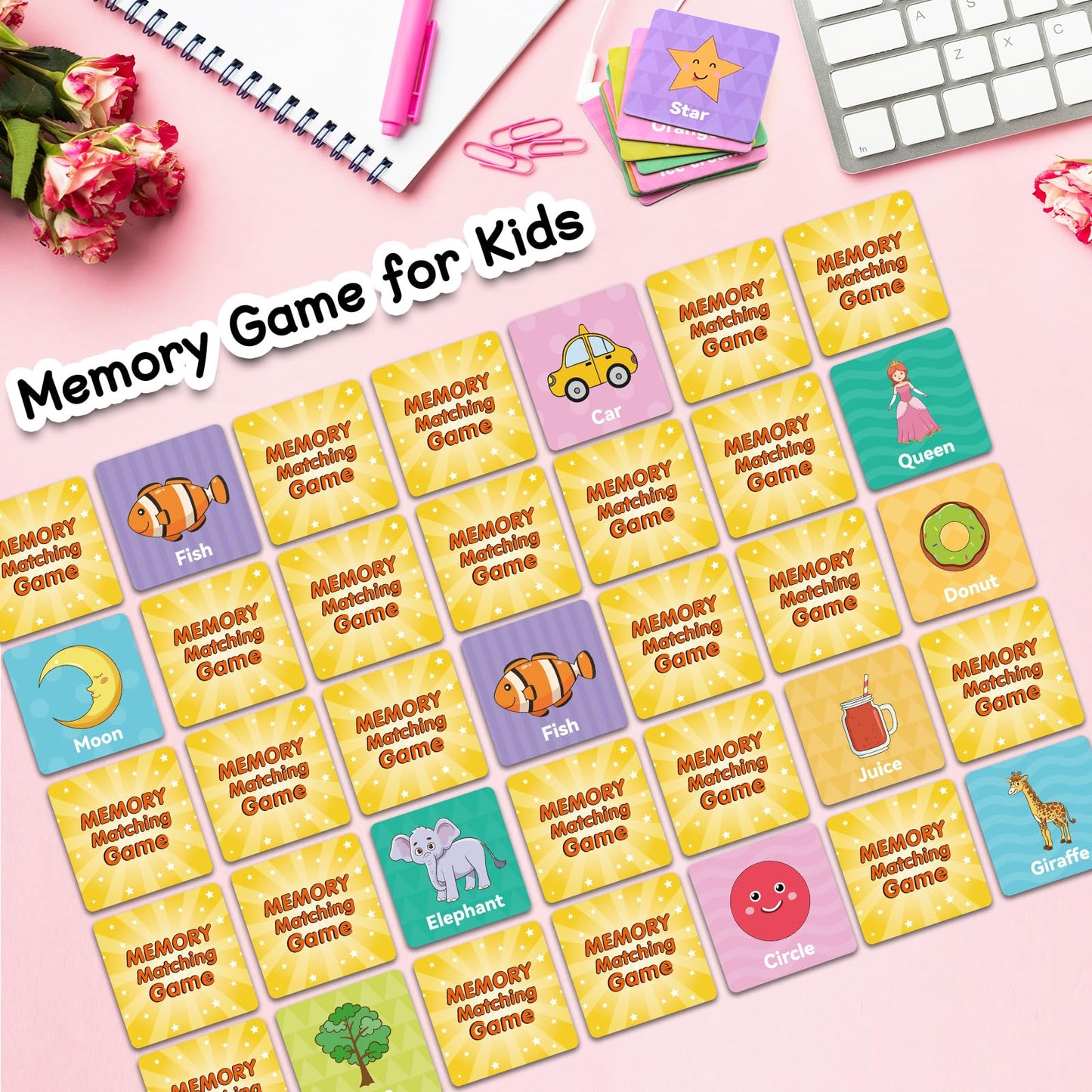 First Words Memory Game, Memory Games For Kids Ages 4-8, Matching Games For Toddlers 3-5, 60 Flash Cards Phonics Games, Memory C