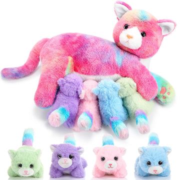 Skylety Nurturing Cat Stuffed Animal With 4 Plush Kittens, Cat Baby Stuffed For Girls And Boys Plushy Mommy Kitty With Baby Kittens For Birthday Party Favors Gifts(Novelty Style)