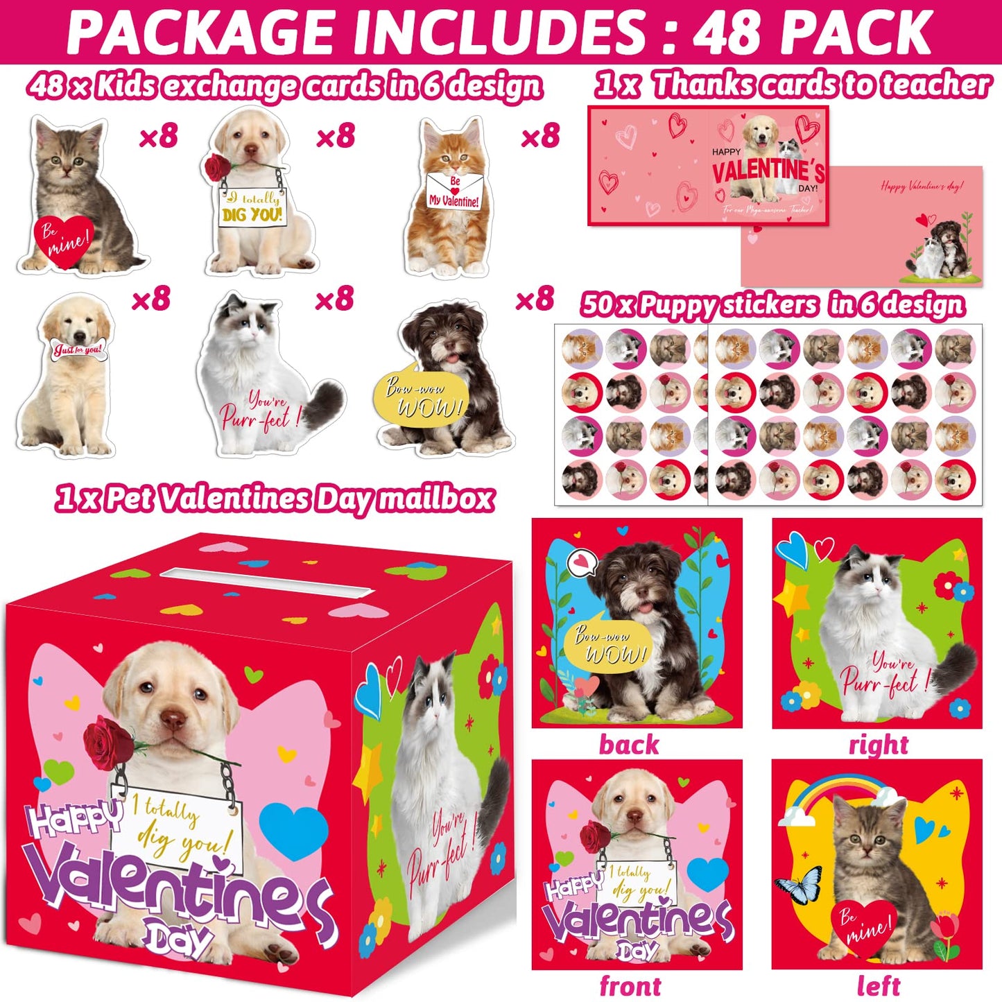Tevxj 49 Pack Pet Valentine Cards Set - DIY Box for Kids, Classroom, Multi-Color, Cardboard, Model TE0587