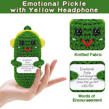 Hoedia Emotional Support Pickle With Yellow Headphone: Cucumber Crochet Dolls Friend Birthday Gifts For Women Men Coworkers Stud