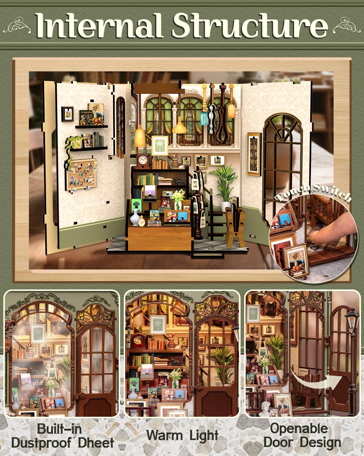 CUTEBEE DIY Book Nook Kit  Miniature House Kits for mature-themed and Teens  DIY Miniature Book Nook kit with Sensor Led Light  Gifts for Lovers and Family (Gallery Bookstore)