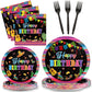 Tevxj 96Pcs Mexican Fiesta Happy Birthday Tableware Set Mexico Dinnerware Disposable Dessert Plates Fiesta Party Plates Napkins Forks For Happy Birthday Party Decorations Supplies 24 Guests