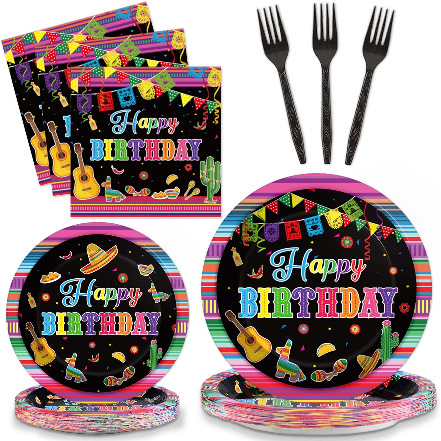 Tevxj 96Pcs Mexican Fiesta Happy Birthday Tableware Set Mexico Dinnerware Disposable Dessert Plates Fiesta Party Plates Napkins Forks For Happy Birthday Party Decorations Supplies 24 Guests