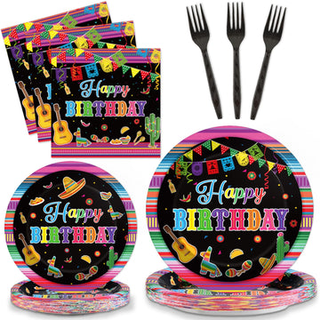 Tevxj 96Pcs Mexican Fiesta Happy Birthday Tableware Set Mexico Dinnerware Disposable Dessert Plates Fiesta Party Plates Napkins Forks For Happy Birthday Party Decorations Supplies 24 Guests