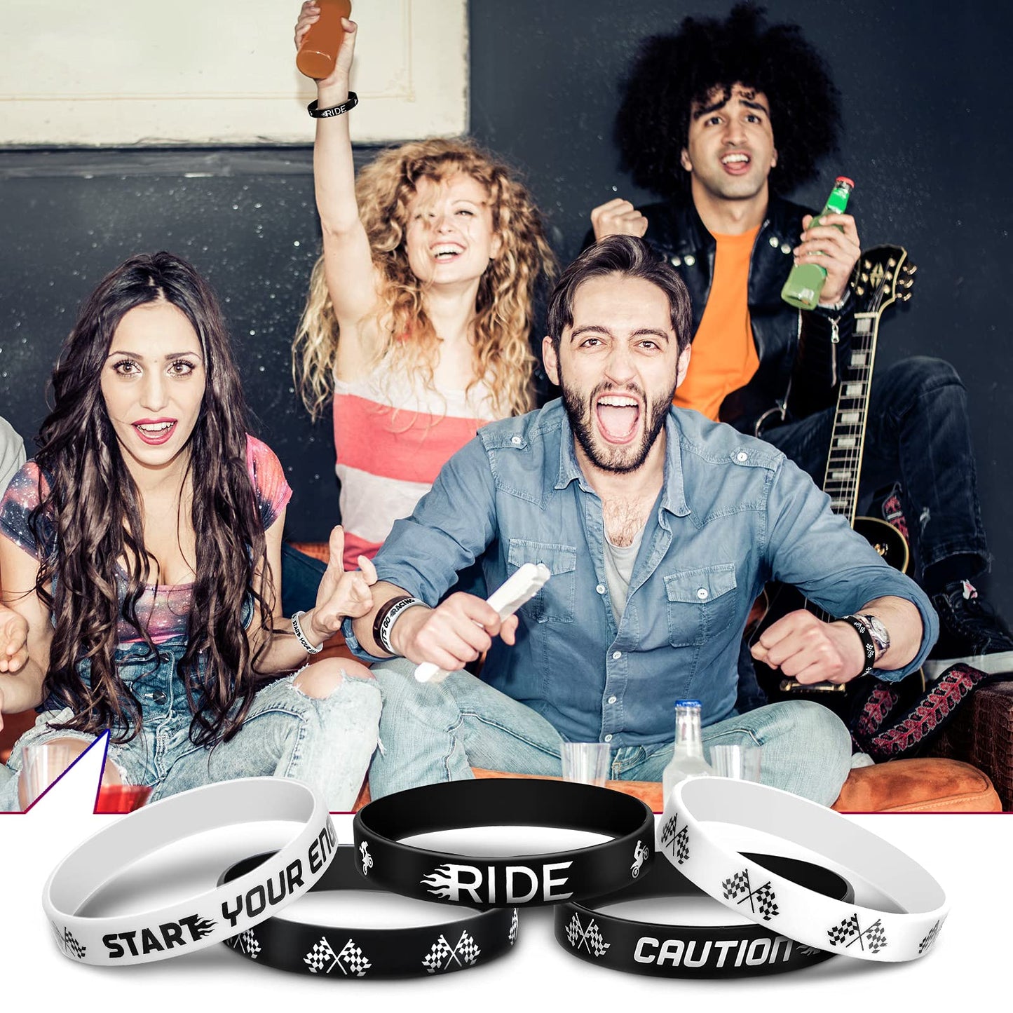 Zhanmai 50 Pcs Racing Flag Rubber Bracelets for Race Car 2.56 Inch Checkered Flag Wristbands Race Car Party Favors for Adults Sp