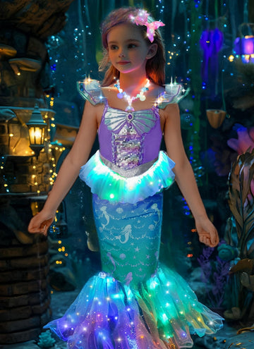Ledpaty Girls Mermaid Costumes With Bag Little Mermaid Dress For Kids With Accesseries (Green+Purple, L4-5T)