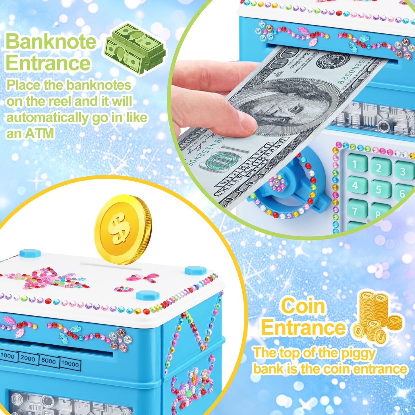 Piggy Bank For Kids Girls Boys With Password Code Lock Cash Coin Can Piggy Bank Girls Electronic Money Safe Bank For Kids Money Box With Diy Diamond Sticker Gift For 4 7 8 9 10 11 Year Old Boys Girls