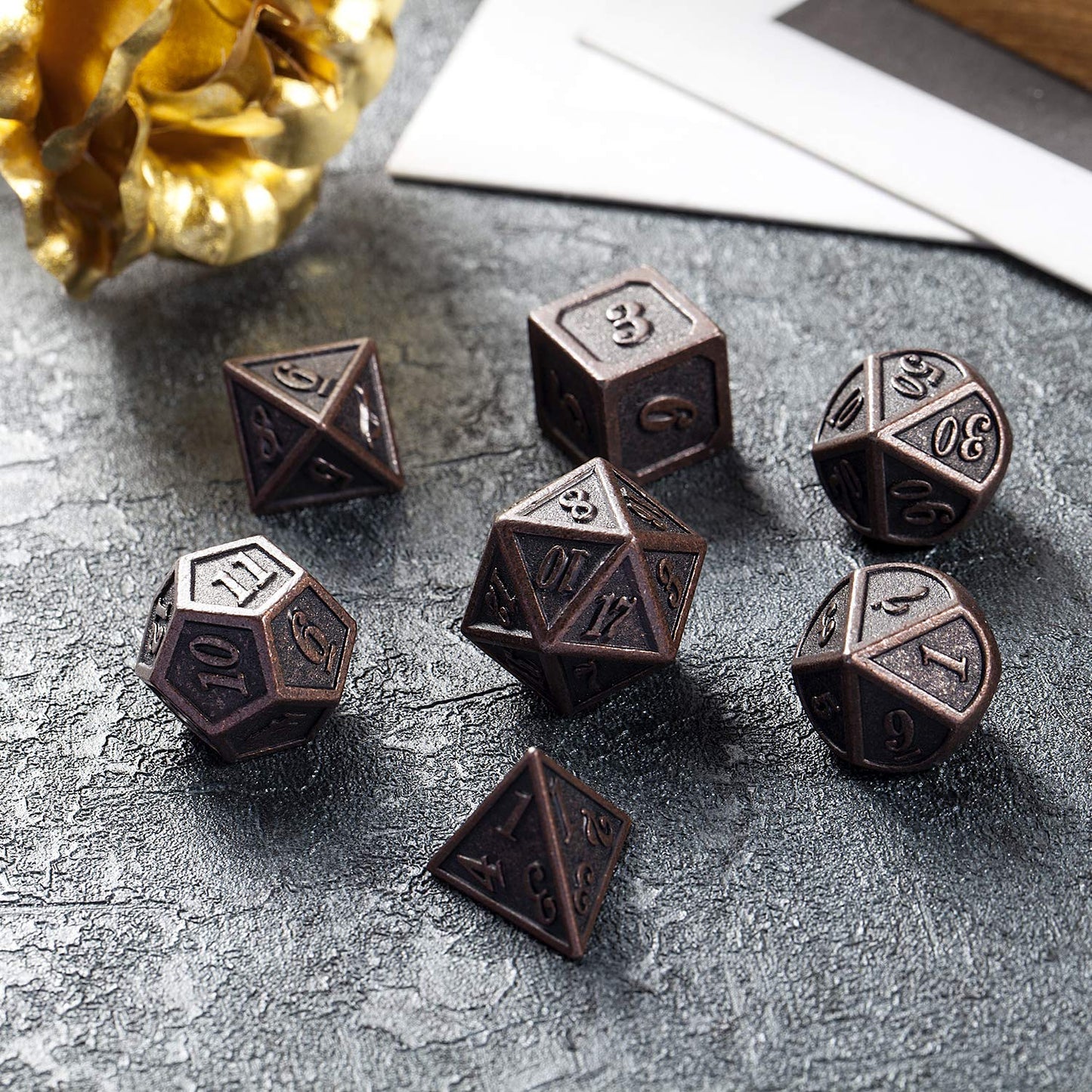D&D Metal Dice Set, DNDND 7PCS Metallic Ancient Copper Dice with Metal Case for DND Dungeons and Dragons Table Games Roly Playin