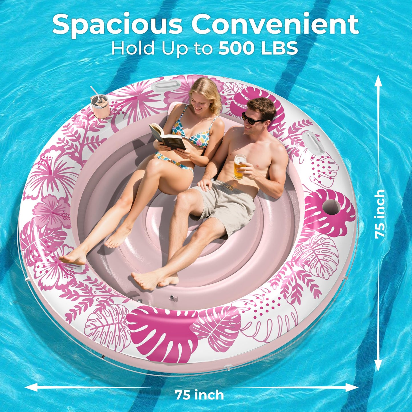 Inflatable Tanning Pool Lounger Float with Protection Tarp  75 x 75 Pool Floats mature-themed with Pillow  6 in 1 Suntan Tub Raft Floatie  Sunbathing Water Lounge Blow Up Pool Kids Ball Pit Party Gifts-Pink